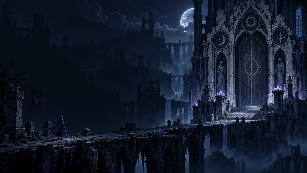 Moonlit cathedral gates in the campaign world